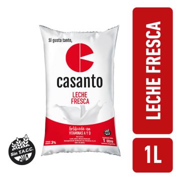 Leche Fresca Entera 3% Fortificada Casanto Sachet 1 Lt.